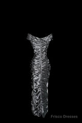 Vintage Sheath Off The Shoulder Silver Gray Sleeveless Long Prom Gown Fairy Prom Dresses