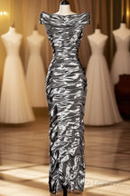 Vintage Sheath Off The Shoulder Silver Gray Sleeveless Long Formal Prom Gown Fairy Formal Prom Dress