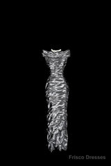 Vintage Sheath Off The Shoulder Silver Gray Sleeveless Long Prom Gown Fairy Prom Dresses