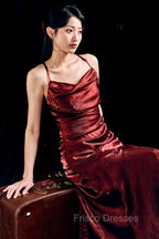 Vintage Sheath Spaghetti Straps Burgundy Ankle Length Formal Prom Dress Birthday Outfits