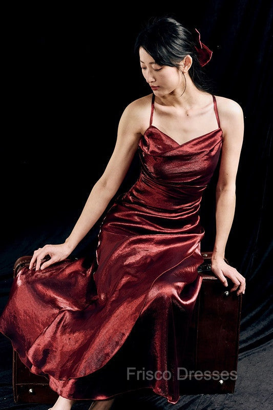 Vintage Sheath Spaghetti Straps Burgundy Ankle Length Formal Prom Dress Birthday Outfits