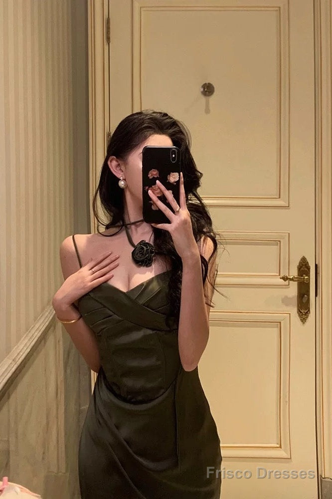 Vintage Sheath Spaghetti Straps Green Satin Long Prom Dresses Evening Gowns Secondary image
