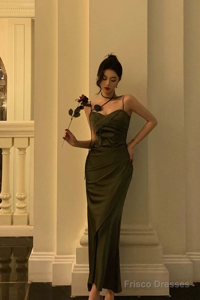 Vintage Sheath Spaghetti Straps Green Satin Long Prom Dresses Evening Gowns Main image