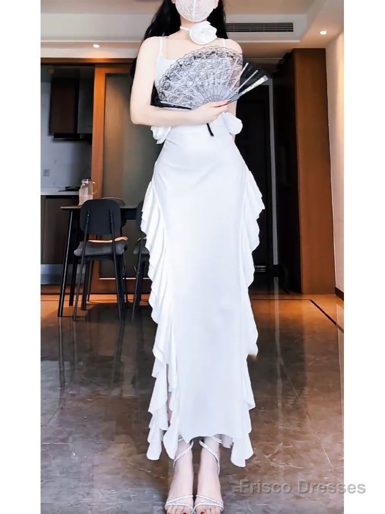 Vintage Sheath Spaghetti Straps White Long Birthday Dresses Prom Dress