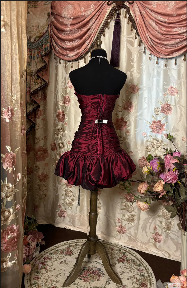 Vintage Sheath Strapless Burgundy Mini Dresses Homecoming Dress 16Th Birthday Dresses Secondary image
