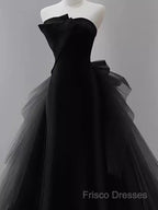 Vintage Sheath Strapless Satin Black Tulle Long Formal Prom Dress Formal Dress