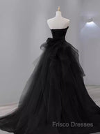 Vintage Sheath Strapless Satin Black Tulle Long Formal Prom Dress Formal Dress