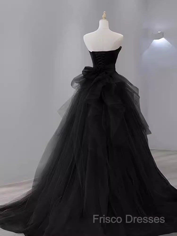 Vintage Sheath Strapless Satin Black Tulle Long Formal Prom Dress Formal Dress