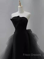 Vintage Sheath Strapless Satin Black Tulle Long Formal Prom Dress Formal Dress