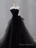 Vintage Sheath Strapless Satin Black Tulle Long Formal Prom Dress Formal Dress