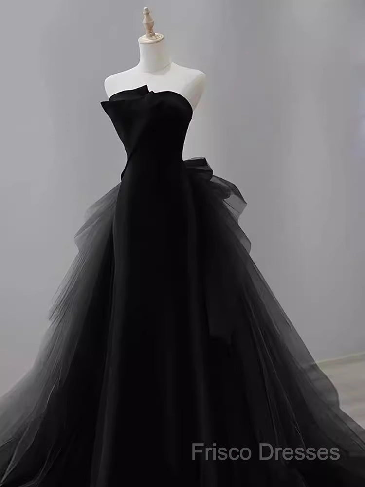 Vintage Sheath Strapless Satin Black Tulle Long Formal Prom Dress Formal Dress