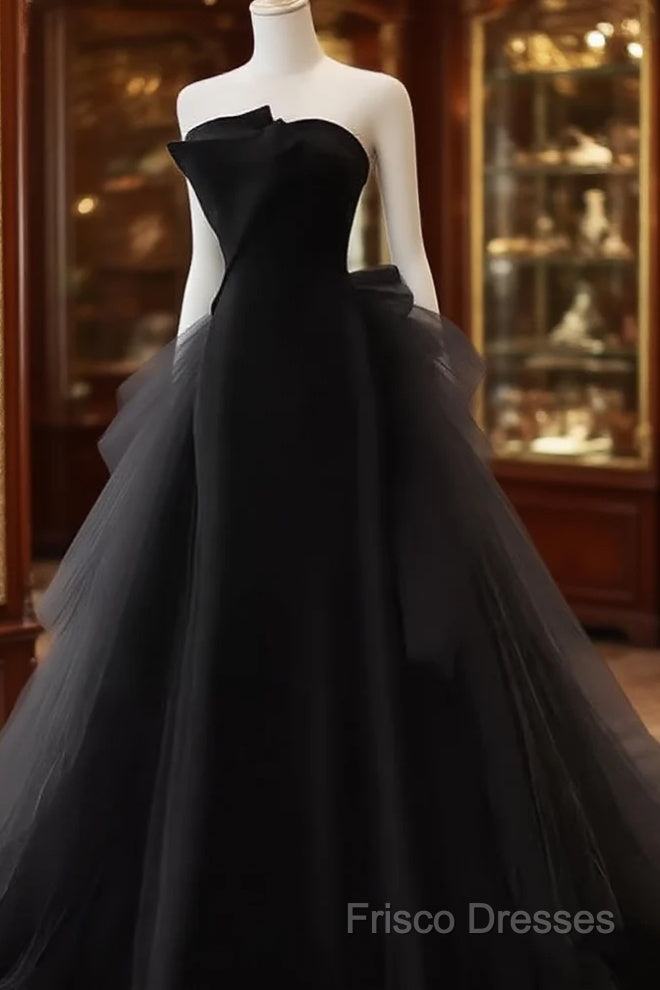 Vintage Sheath Strapless Satin Black Tulle Long Formal Prom Dress Formal Dress Main image