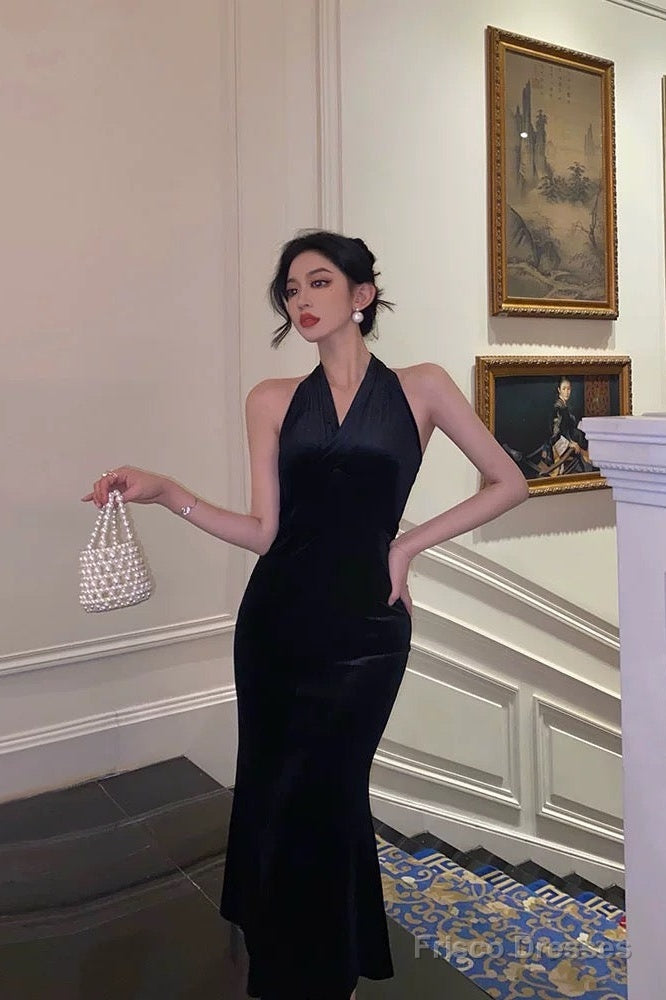 Vintage Sheath V Neckline Black Velvet Long Prom Dresses Evening Gowns Main image