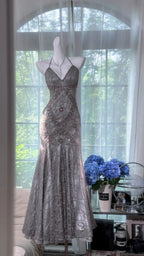 Vintage Silver-Grey Mermaid Backless Beaded Lace Long Prom Dress Evening Dress