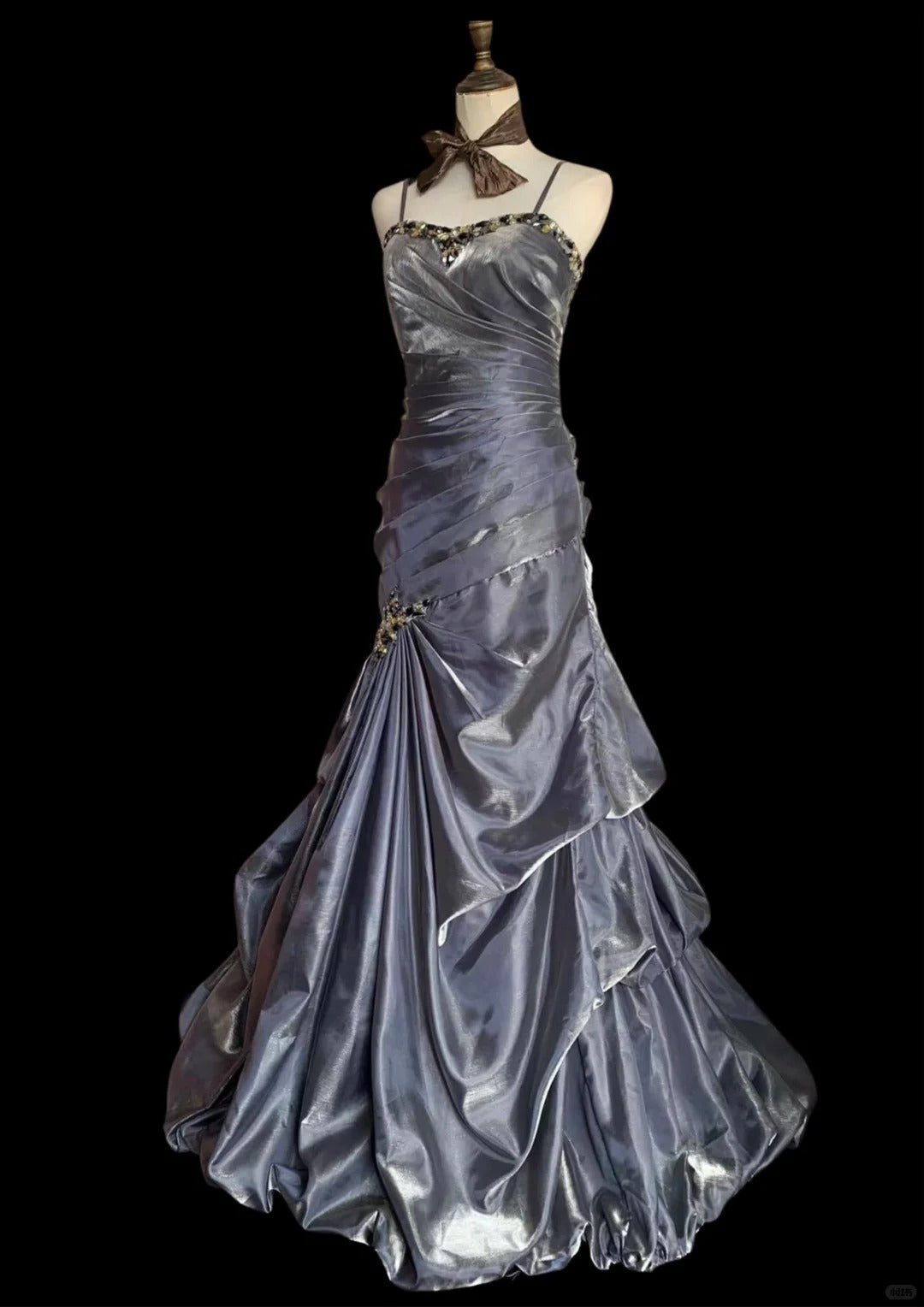Vintage Grey Mermaid Spaghetti Strap Satin Train Prom Dress Evening Dress Secondary image