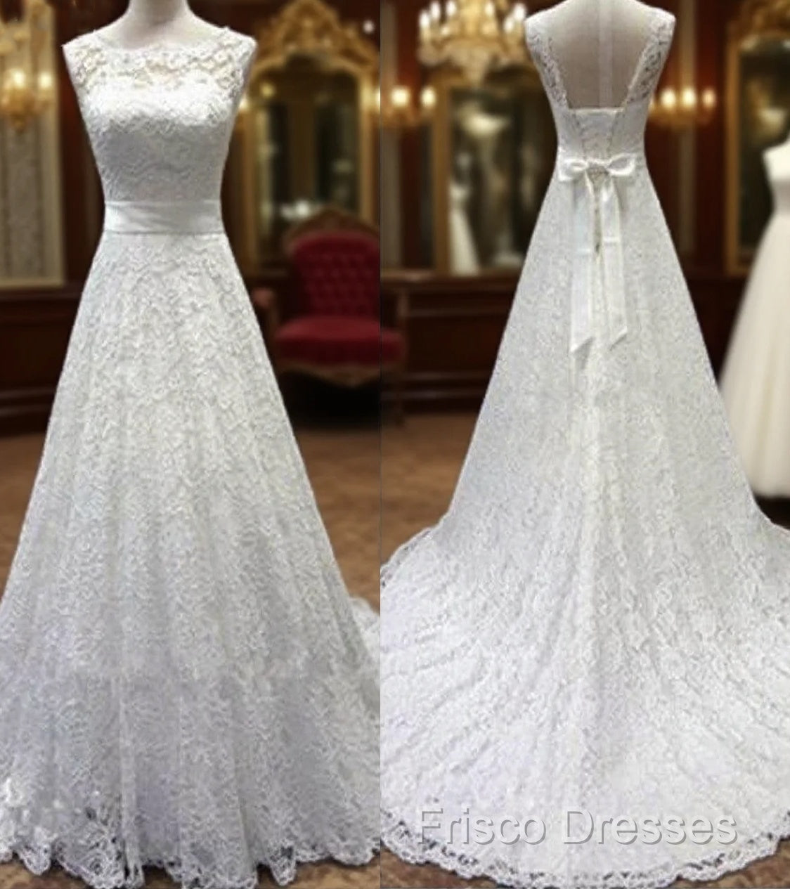 Vintage Simple Long A-Line Country Elegant Bridal Lace Up Back Bow Sash Full Lace Wedding Dress,