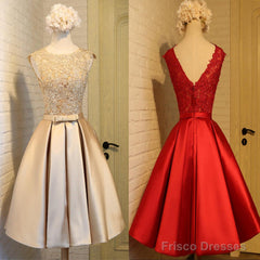 Vintage Sleeveless Appliques Satin Skirt V-Back A-Line Knee Length  For Teen Homecoming Dress