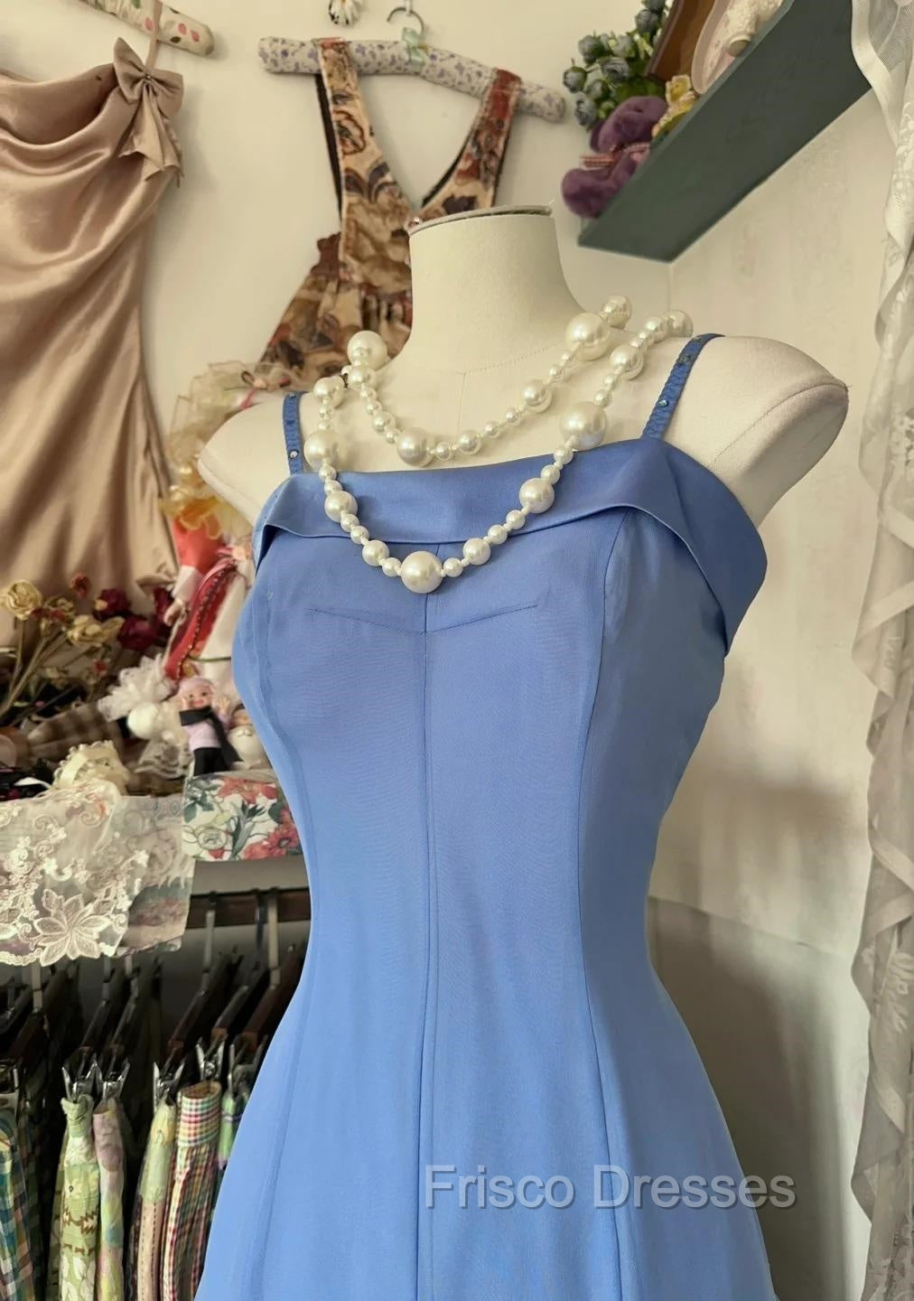 Vintage Soft Blue Spaghetti Strap A-Line Chiffon Birthday Formal Prom Dress Pretty Graduation Dress