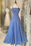 Vintage Soft Blue Spaghetti Strap A-Line Chiffon Birthday Formal Prom Dress Pretty Graduation Dress
