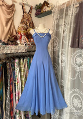 Vintage Soft Blue Spaghetti Strap A-Line Chiffon Birthday Prom Dress Pretty Graduation Dress
