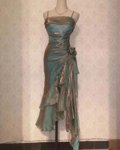 Vintage Spaghetti Straps Asymmetrical Midi Length Party Dress Main image