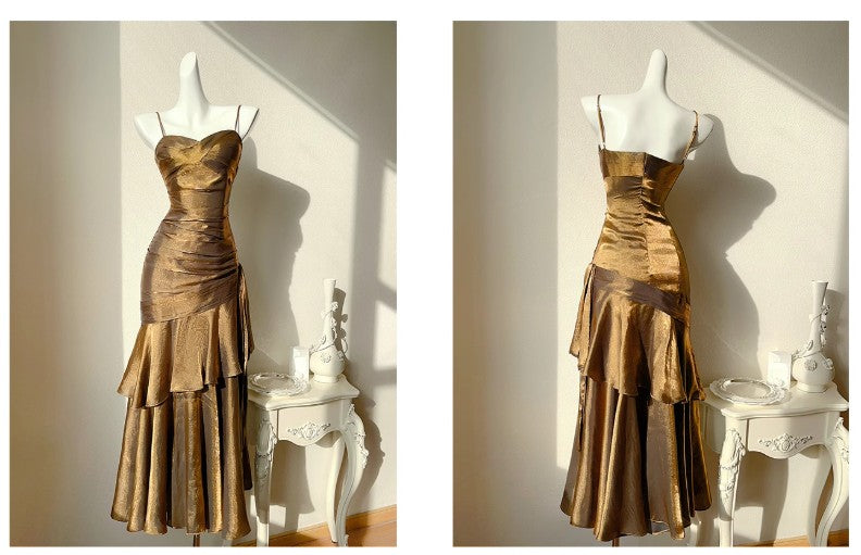 Vintage Spaghetti Straps Blue Chiffon Satin  Ruffles Long Prom Dresses Fairytale Evening Dresses