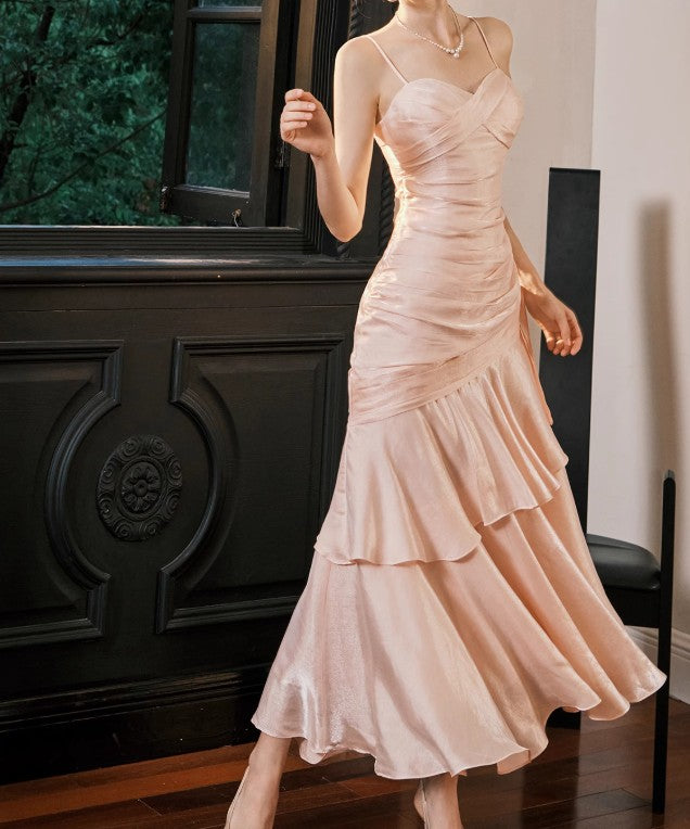 Vintage Spaghetti Straps Blue Chiffon Satin  Ruffles Long Prom Dresses Fairytale Evening Dresses