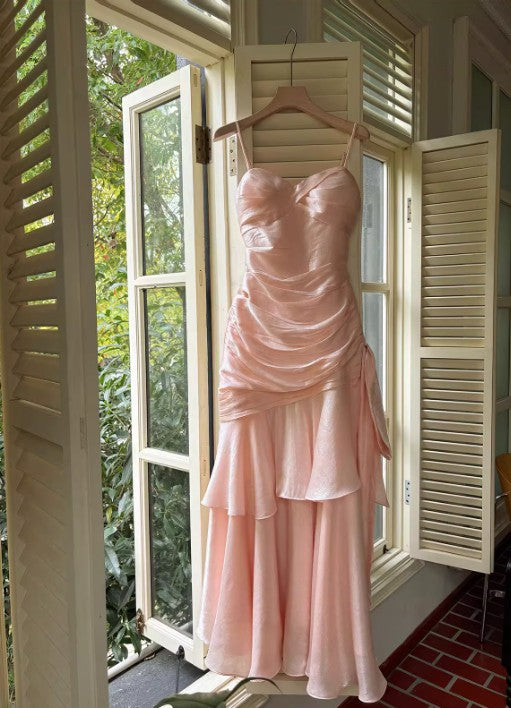 Vintage Spaghetti Straps Blue Chiffon Satin  Ruffles Long Prom Dresses Fairytale Evening Dresses
