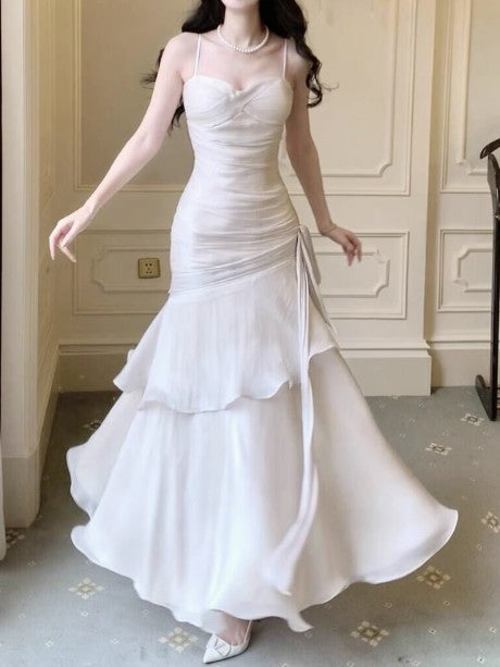 Vintage Spaghetti Straps Blue Chiffon Satin  Ruffles Long Prom Dresses Fairytale Evening Dresses