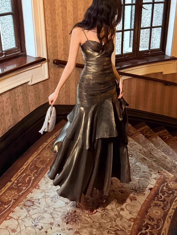 Vintage Spaghetti Straps Blue Chiffon Satin  Ruffles Long Prom Dresses Fairytale Evening Dresses
