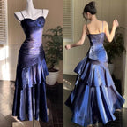 Vintage Spaghetti Straps Blue Chiffon Satin  Ruffles Long Prom Dresses Fairytale Evening Dresses