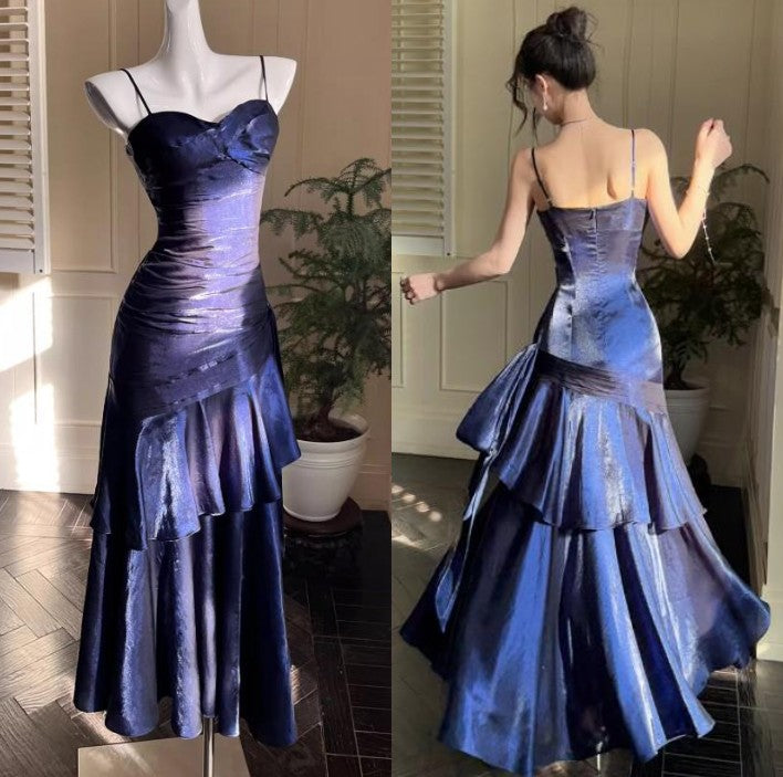 Vintage Spaghetti Straps Blue Chiffon Satin  Ruffles Long Prom Dresses Fairytale Evening Dresses