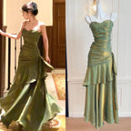 Vintage Spaghetti Straps Blue Chiffon Satin  Ruffles Long Prom Dresses Fairytale Evening Dresses