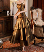 Vintage Spaghetti Straps Blue Chiffon Satin  Ruffles Long Prom Dresses Fairytale Evening Dresses