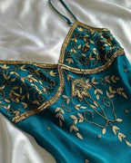 Vintage Spaghetti Straps Sheath Long Prom Dresses Beaded Chiffon Teal Evening Dresses
