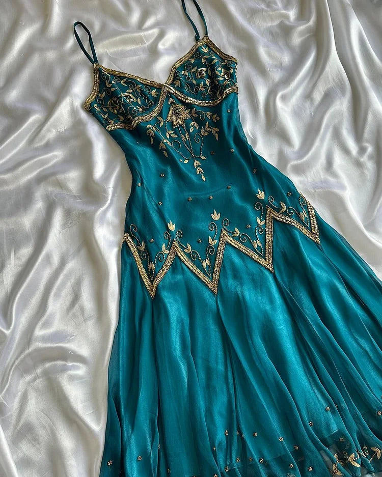 Vintage Spaghetti Straps Sheath Long Prom Dresses Beaded Chiffon Teal Evening Dresses Main image