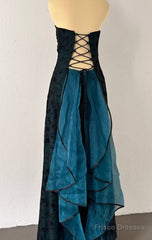 Vintage Strapless Blue Satin Sleeveless Black Tulle Beaded Ball Dress Birthday Evening Dress