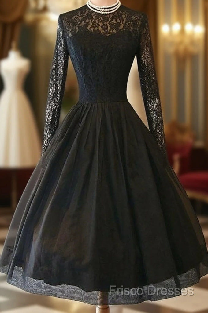 Vintage Style A-Line Knee-Length Long Sleeves Black Homecoming Dress With Lace Main image