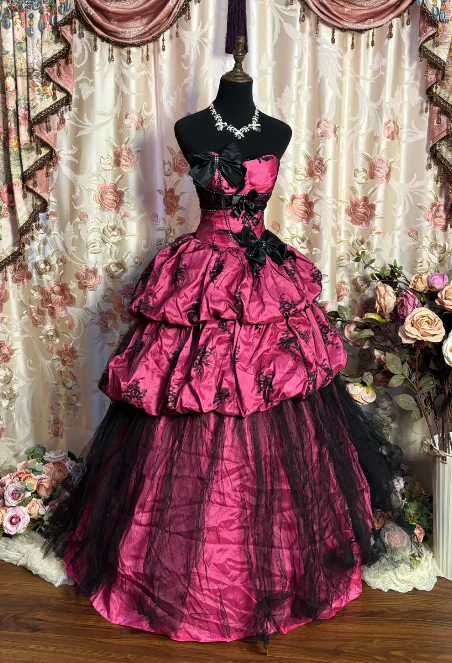 Vintage Sweetheart Neck Hot Pink Tulle Satin Layered Ball Gown Formal Quinceanera Dress With Bow Main image