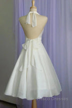 Vintage Tea-Length Chiffon Wedding Dress With Halter Neck And Bow