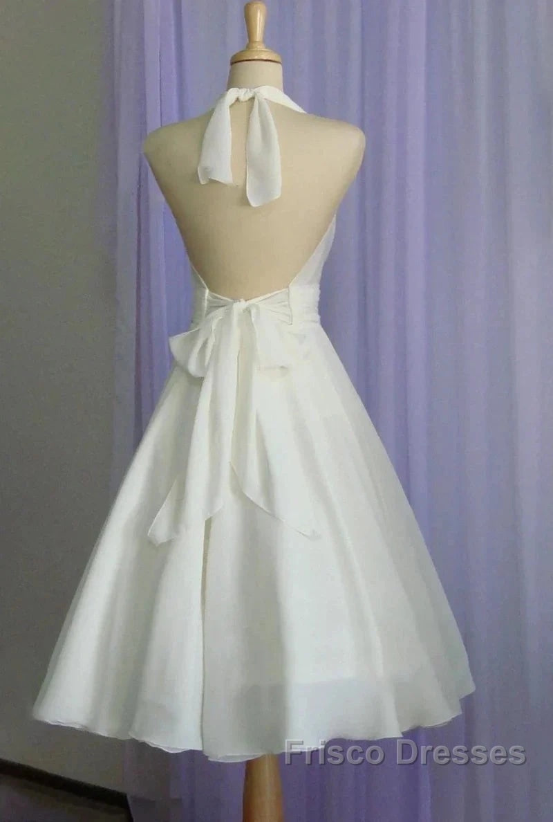 Vintage Tea-Length Chiffon Wedding Dress With Halter Neck And Bow