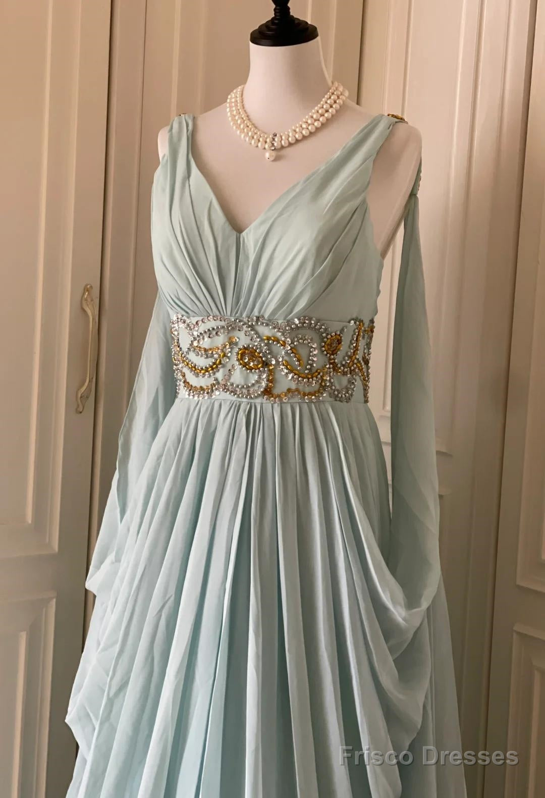 Vintage Tiffany Blue V-Neck A-Line Beaded Chiffon Long Prom Dress Even Frisco Dresses Vintage Tiffany Blue V-Neck A-Line Beaded Chiffon Long Prom Dress Even Frisco Dresses