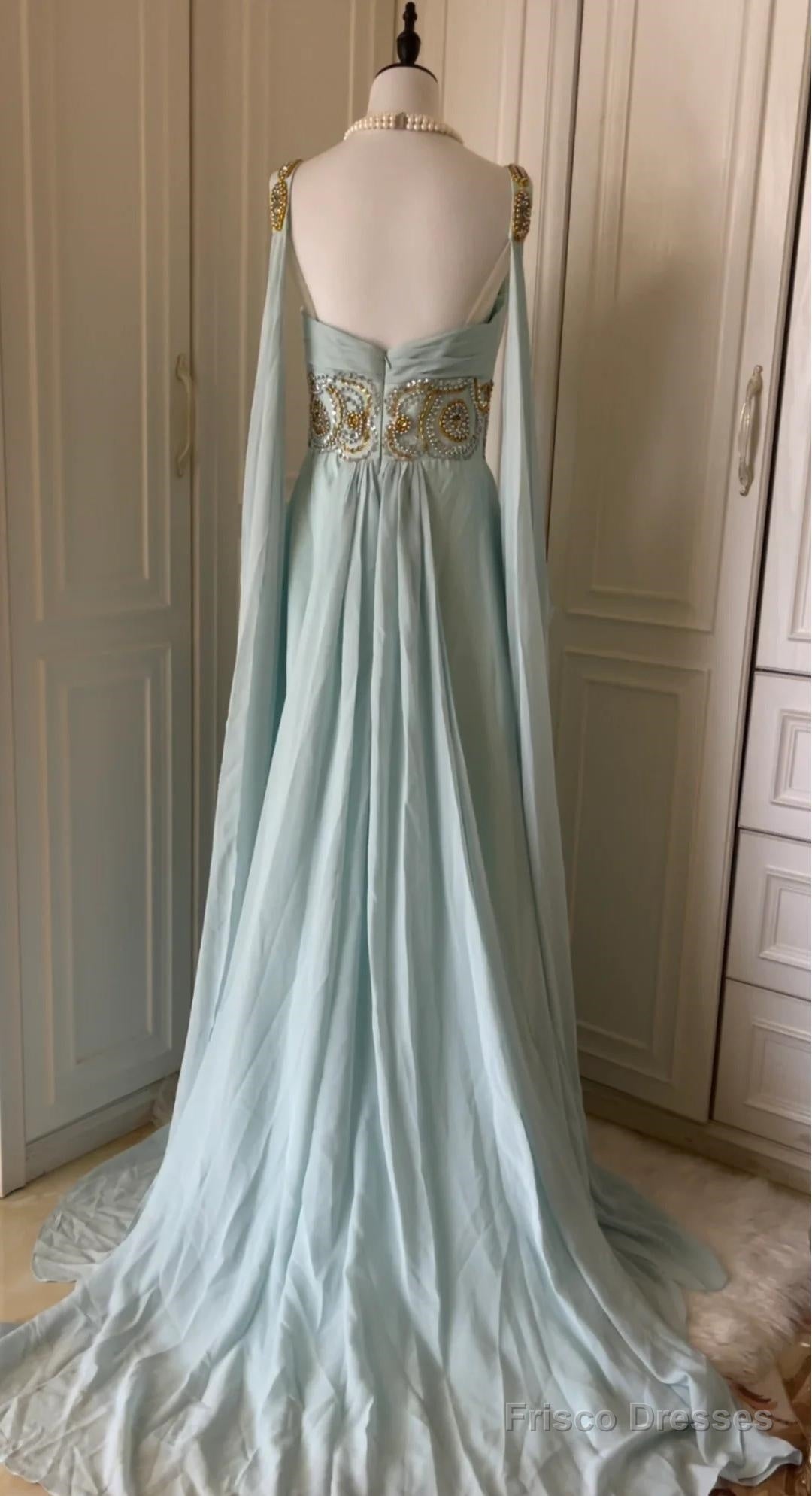 Vintage Tiffany Blue V-Neck A-Line Beaded Chiffon Long Prom Dress Even Frisco Dresses Vintage Tiffany Blue V-Neck A-Line Beaded Chiffon Long Prom Dress Even Frisco Dresses