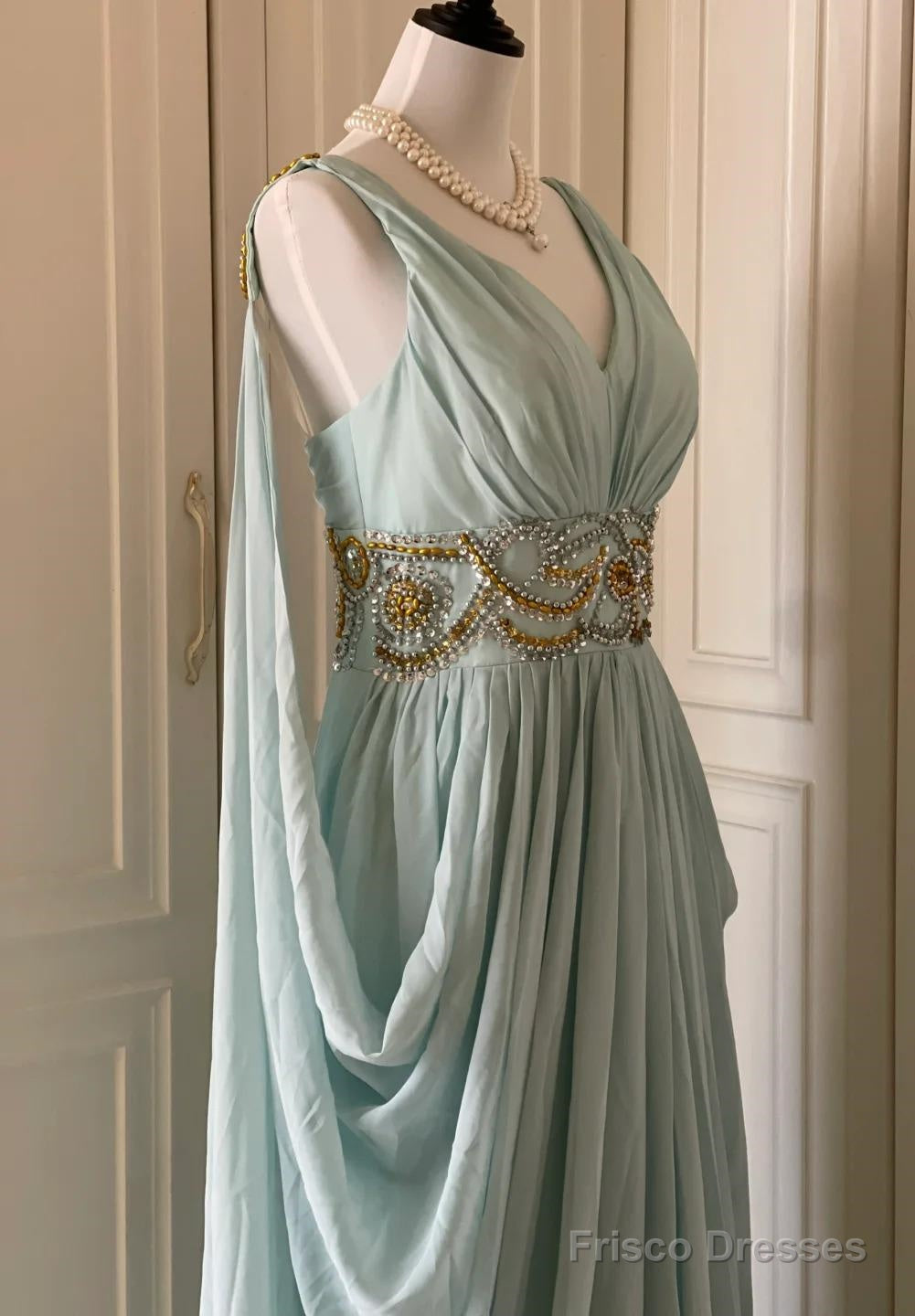 Vintage Tiffany Blue V-Neck A-Line Beaded Chiffon Long Prom Dress Even Frisco Dresses Vintage Tiffany Blue V-Neck A-Line Beaded Chiffon Long Prom Dress Even Frisco Dresses