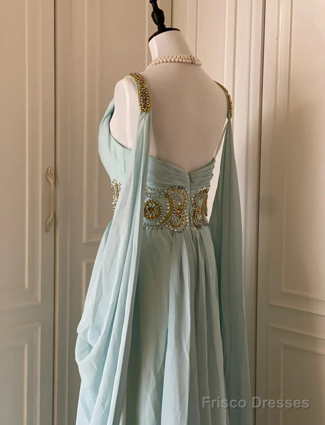 Vintage Tiffany Blue V-Neck A-Line Beaded Chiffon Long Prom Dress Even Vintage Tiffany Blue V-Neck A-Line Beaded Chiffon Long Prom Dress Even