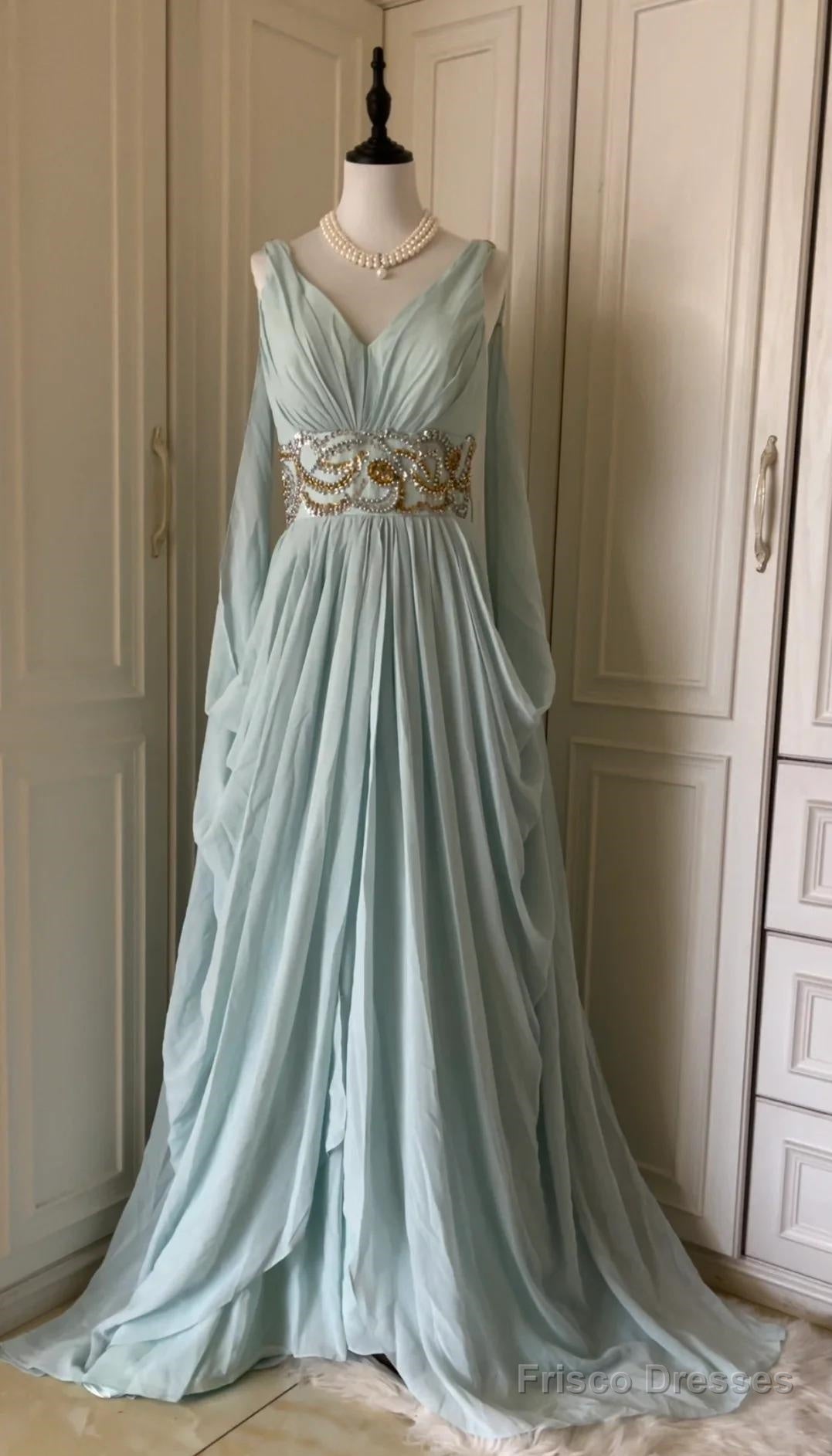 Vintage Tiffany Blue V-Neck A-Line Beaded Chiffon Long Prom Dress Even – Frisco Dresses