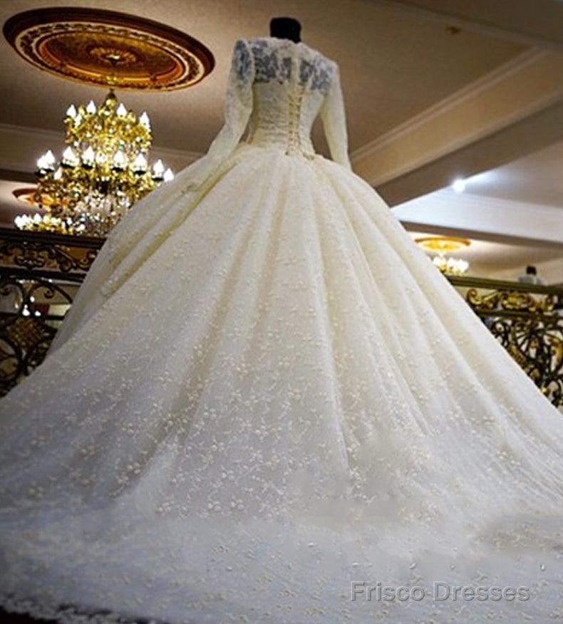 Vintage Unique Gorgeous Ball Gown Full Ivory Lace Beading Long Sleeve Elegant Lace Up Back Wedding Dress Secondary image