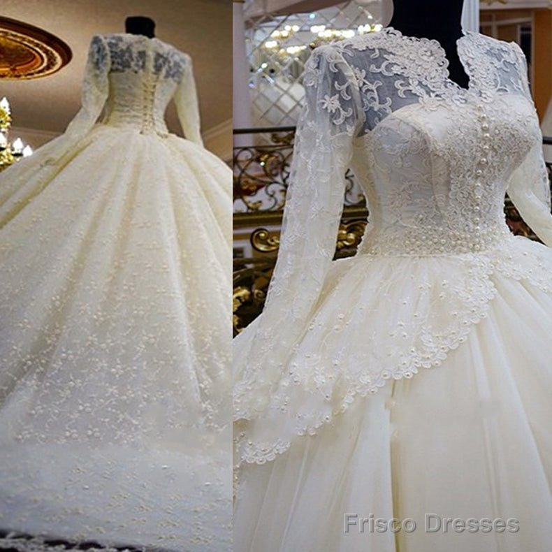 Vintage Unique Gorgeous Ball Gown Full Ivory Lace Beading Long Sleeve Elegant Lace Up Back Wedding Dress Main image