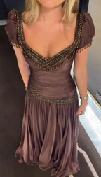Vintage V Neck Brown Chiffon Beaded Mermaid Party Dress Long Evening Gowns