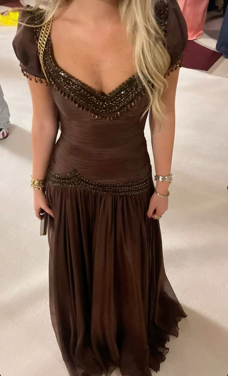 Vintage V Neck Brown Chiffon Beaded Mermaid Party Dress Long Evening Gowns Main image